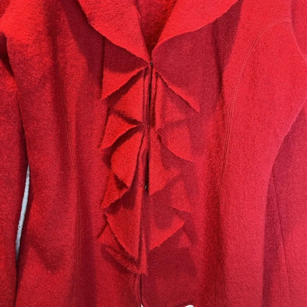 Charter Club 100% Wool Ruffle V-Neck Red Cardigan Sweater Career Holiday Medium - Picture 3 of 9